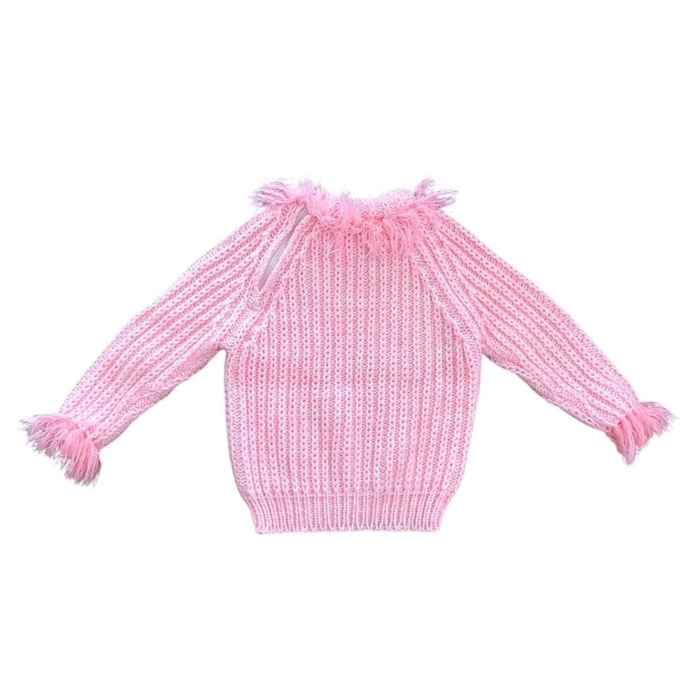 Vintage 1970s Pink Fringe Knit Girly Sweater Fur Trim Zipper Kids Mod Retro